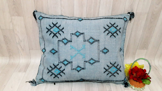 GRAY Cactus Silk Pillow Cover, Moroccan Boho Throw Pillow , Hand Woven Berber Pillow, Decorative Sabra Cactus Silk Cushion Cover