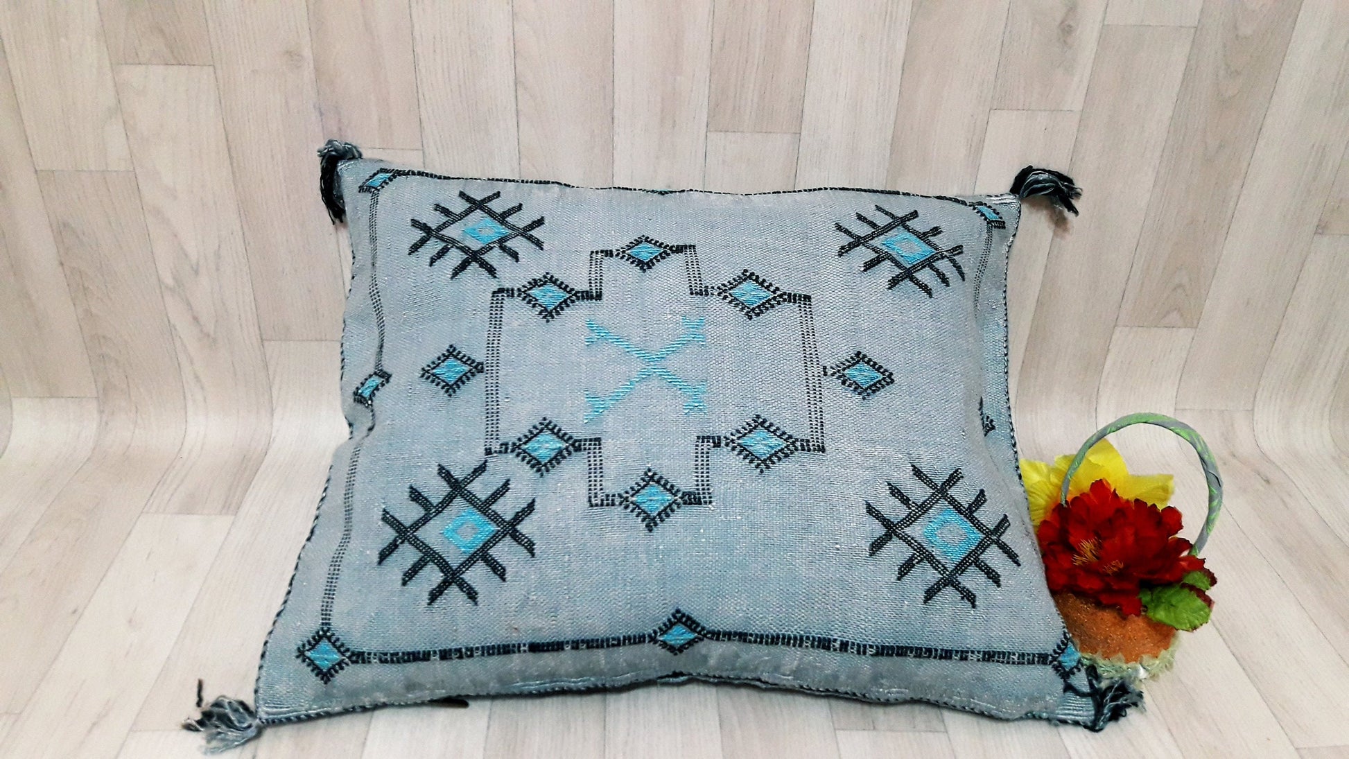 GRAY Cactus Silk Pillow Cover, Moroccan Boho Throw Pillow , Hand Woven Berber Pillow, Decorative Sabra Cactus Silk Cushion Cover
