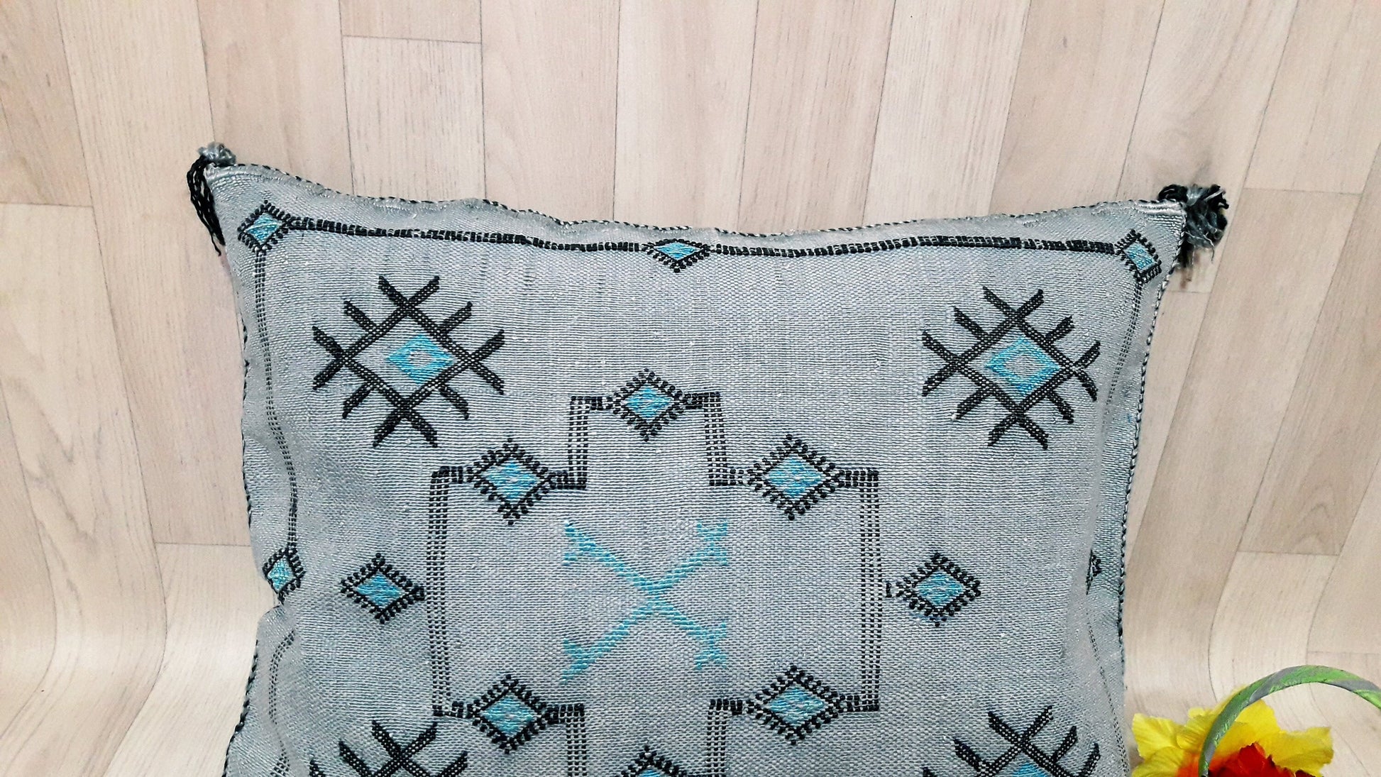 GRAY Cactus Silk Pillow Cover, Moroccan Boho Throw Pillow , Hand Woven Berber Pillow, Decorative Sabra Cactus Silk Cushion Cover