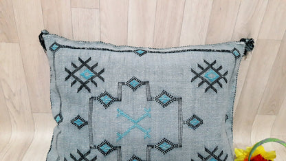 GRAY Cactus Silk Pillow Cover, Moroccan Boho Throw Pillow , Hand Woven Berber Pillow, Decorative Sabra Cactus Silk Cushion Cover