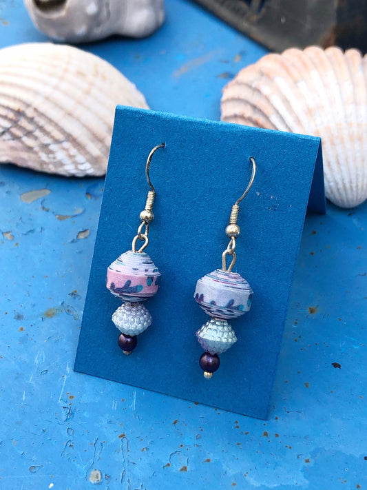 Purple & Silver Beaded Earrings | Upcycled Paperbead Earrings Morocco | Unique Handmade Recycled Earrings | Drop Dangle Earrings Silver Hook