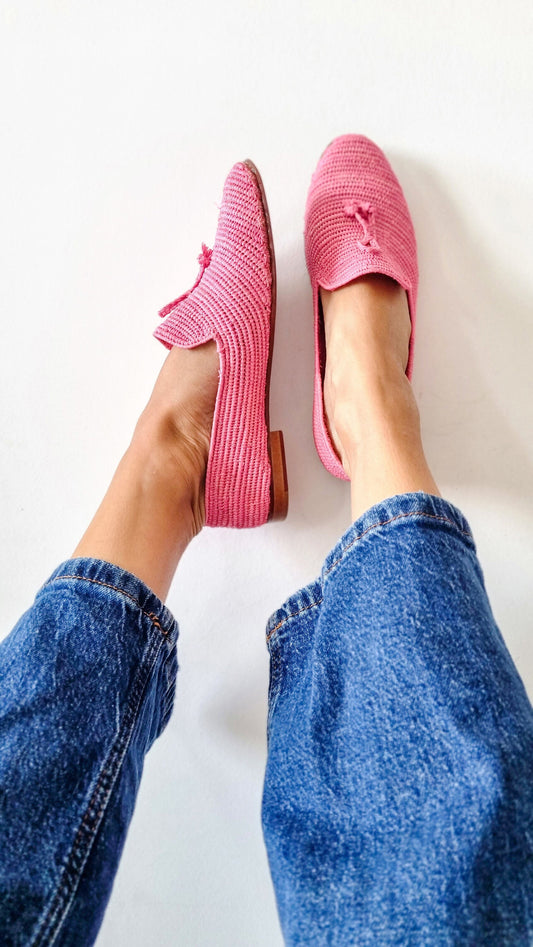Ready to Ship Raffia Shoes Pink Handmade Raffia Loafer, Moroccan Shoes, Gift for Her