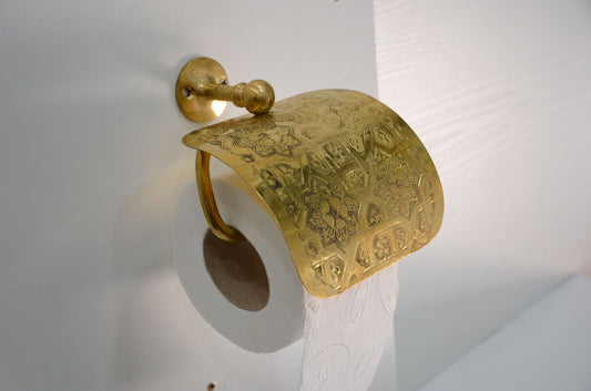 Vintage Brass Toilet Paper Holder, Ornamented Toilet Roll Hanger in Unlacquered Brass Finish