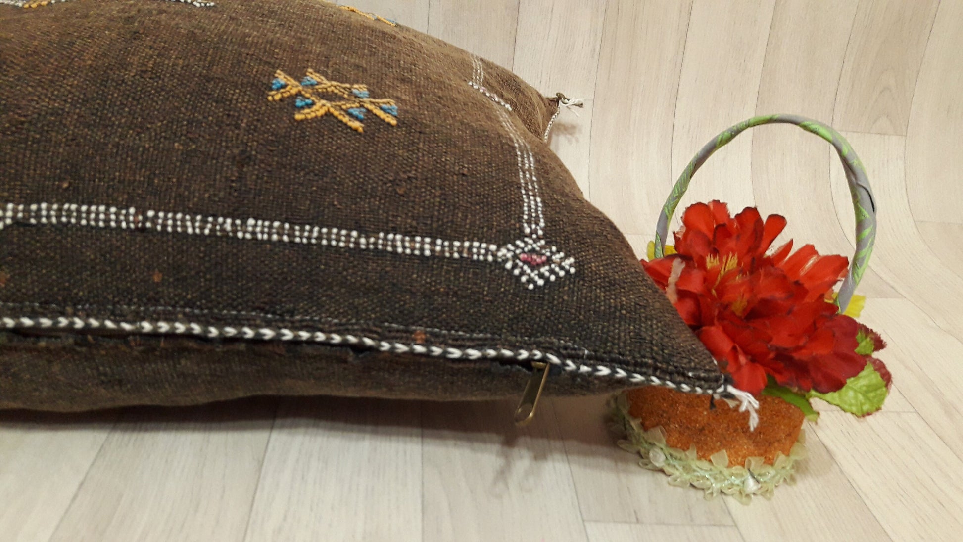 Brown Cactus Silk Pillow Cover, Moroccan Boho Throw Pillow , Hand Woven Berber Pillow, Decorative Sabra Cactus Silk Cushion Cover