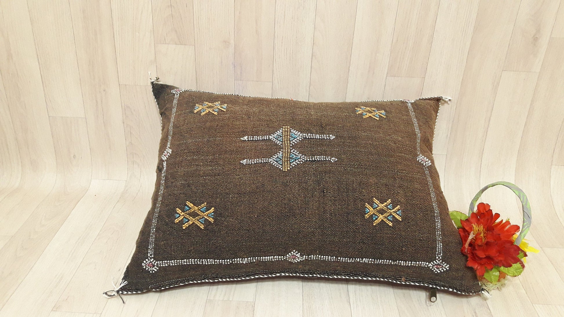 Brown Cactus Silk Pillow Cover, Moroccan Boho Throw Pillow , Hand Woven Berber Pillow, Decorative Sabra Cactus Silk Cushion Cover