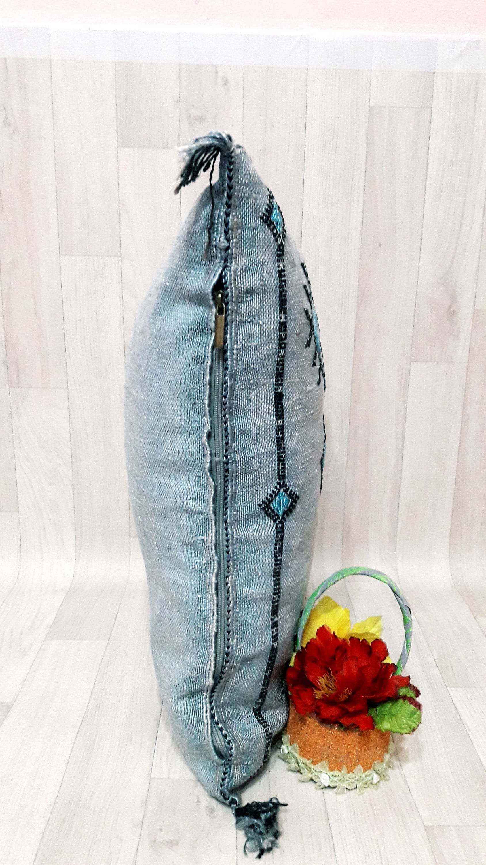 GRAY Cactus Silk Pillow Cover, Moroccan Boho Throw Pillow , Hand Woven Berber Pillow, Decorative Sabra Cactus Silk Cushion Cover