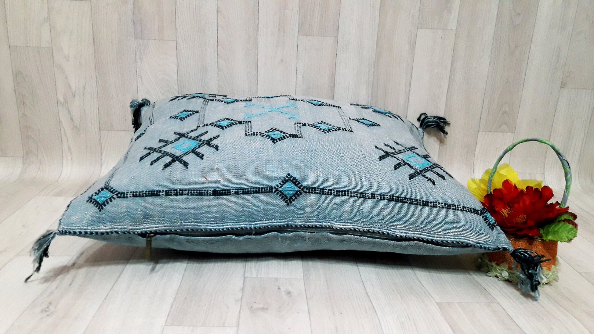GRAY Cactus Silk Pillow Cover, Moroccan Boho Throw Pillow , Hand Woven Berber Pillow, Decorative Sabra Cactus Silk Cushion Cover