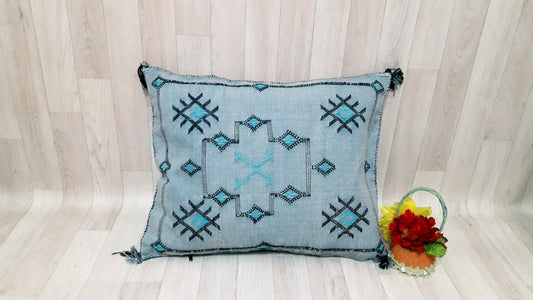 GRAY Cactus Silk Pillow Cover, Moroccan Boho Throw Pillow , Hand Woven Berber Pillow, Decorative Sabra Cactus Silk Cushion Cover
