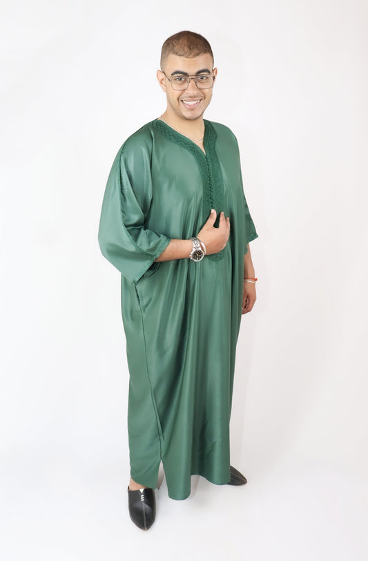 Green Moroccan Style Thobe - Traditional Short Sleeve Design for Men