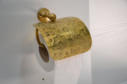 Vintage Brass Toilet Paper Holder, Ornamented Toilet Roll Hanger in Unlacquered Brass Finish