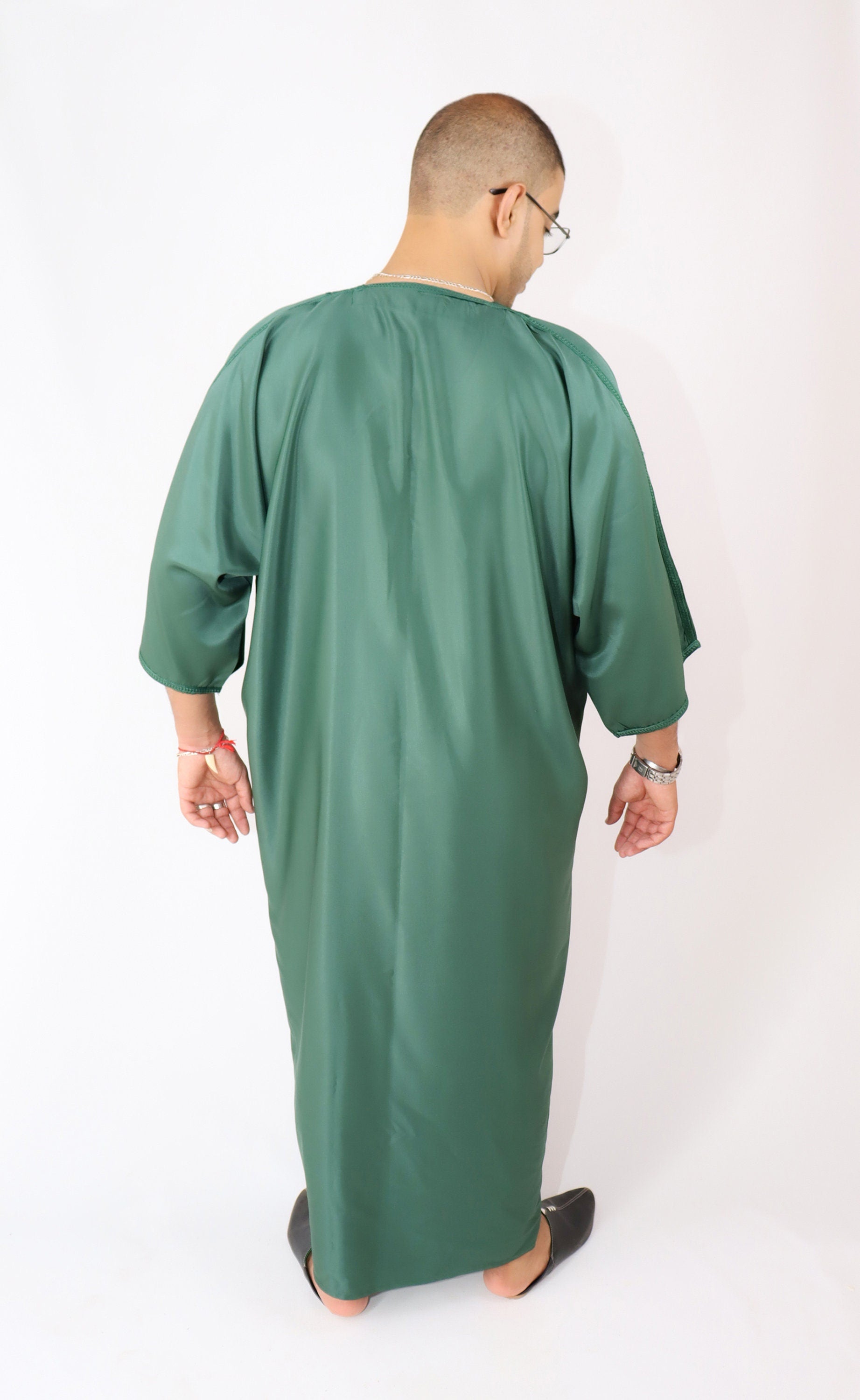 Green Moroccan Style Thobe - Traditional Short Sleeve Design for Men