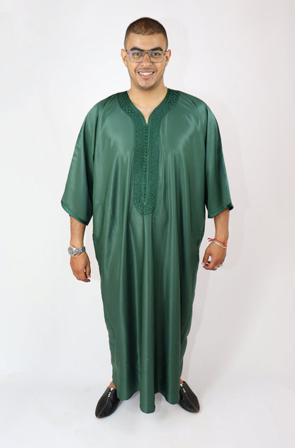 Green Moroccan Style Thobe - Traditional Short Sleeve Design for Men