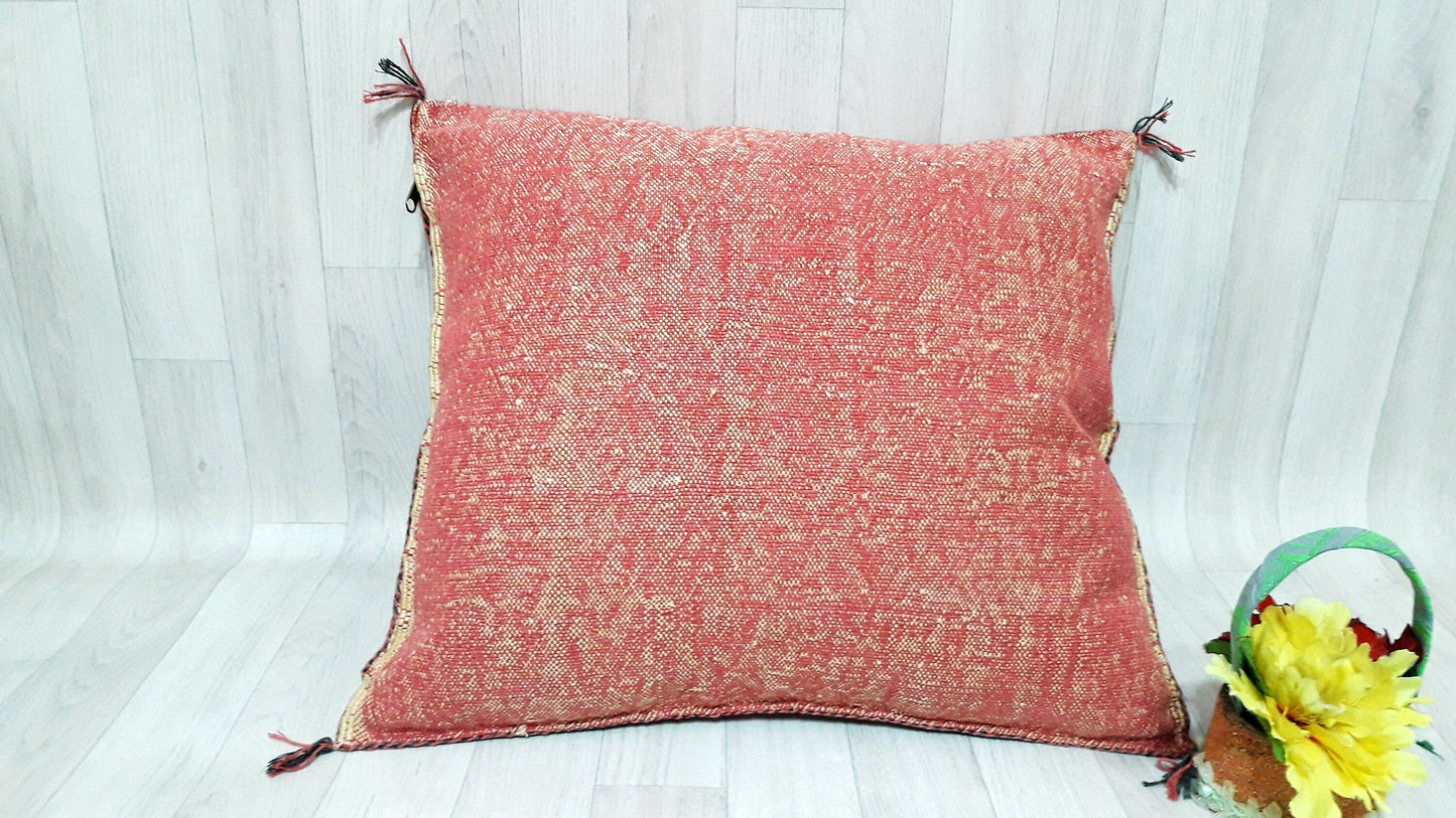 Orange Cactus Silk Pillow Cover, Moroccan Boho Throw Pillow , Hand Woven Berber Pillow, Decorative Sabra Cactus Silk Cushion Cover