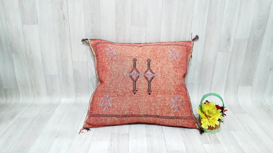 Orange Cactus Silk Pillow Cover, Moroccan Boho Throw Pillow , Hand Woven Berber Pillow, Decorative Sabra Cactus Silk Cushion Cover
