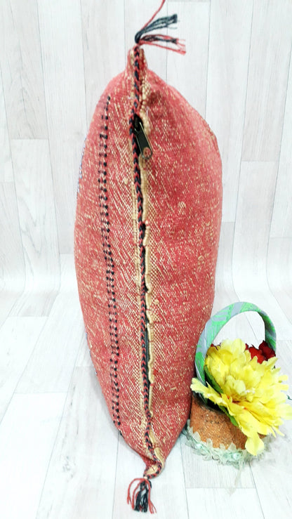 Orange Cactus Silk Pillow Cover, Moroccan Boho Throw Pillow , Hand Woven Berber Pillow, Decorative Sabra Cactus Silk Cushion Cover