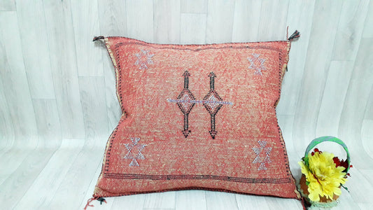 Orange Cactus Silk Pillow Cover, Moroccan Boho Throw Pillow , Hand Woven Berber Pillow, Decorative Sabra Cactus Silk Cushion Cover