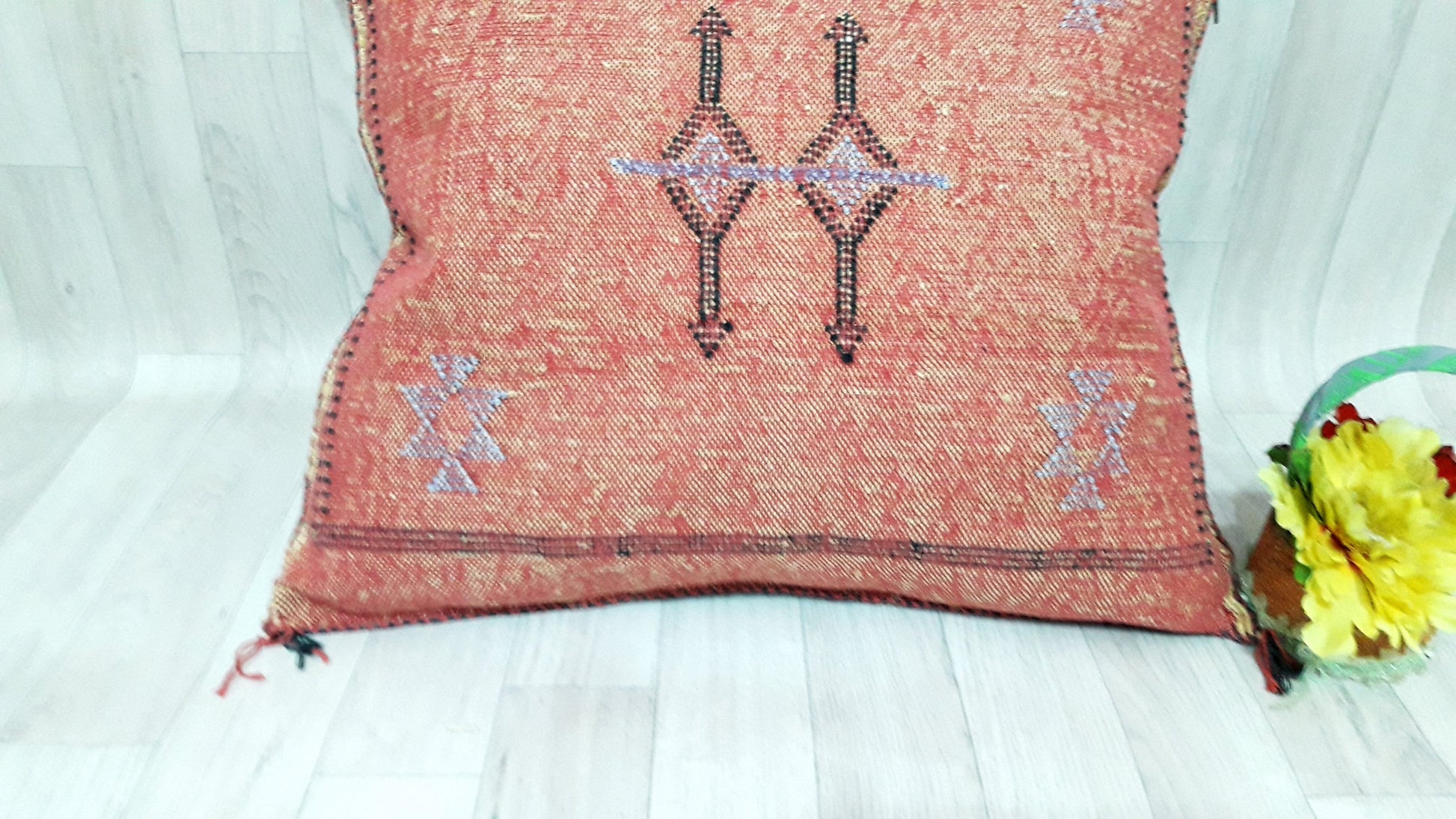 Orange Cactus Silk Pillow Cover, Moroccan Boho Throw Pillow , Hand Woven Berber Pillow, Decorative Sabra Cactus Silk Cushion Cover