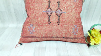 Orange Cactus Silk Pillow Cover, Moroccan Boho Throw Pillow , Hand Woven Berber Pillow, Decorative Sabra Cactus Silk Cushion Cover