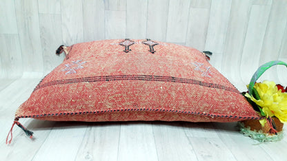 Orange Cactus Silk Pillow Cover, Moroccan Boho Throw Pillow , Hand Woven Berber Pillow, Decorative Sabra Cactus Silk Cushion Cover