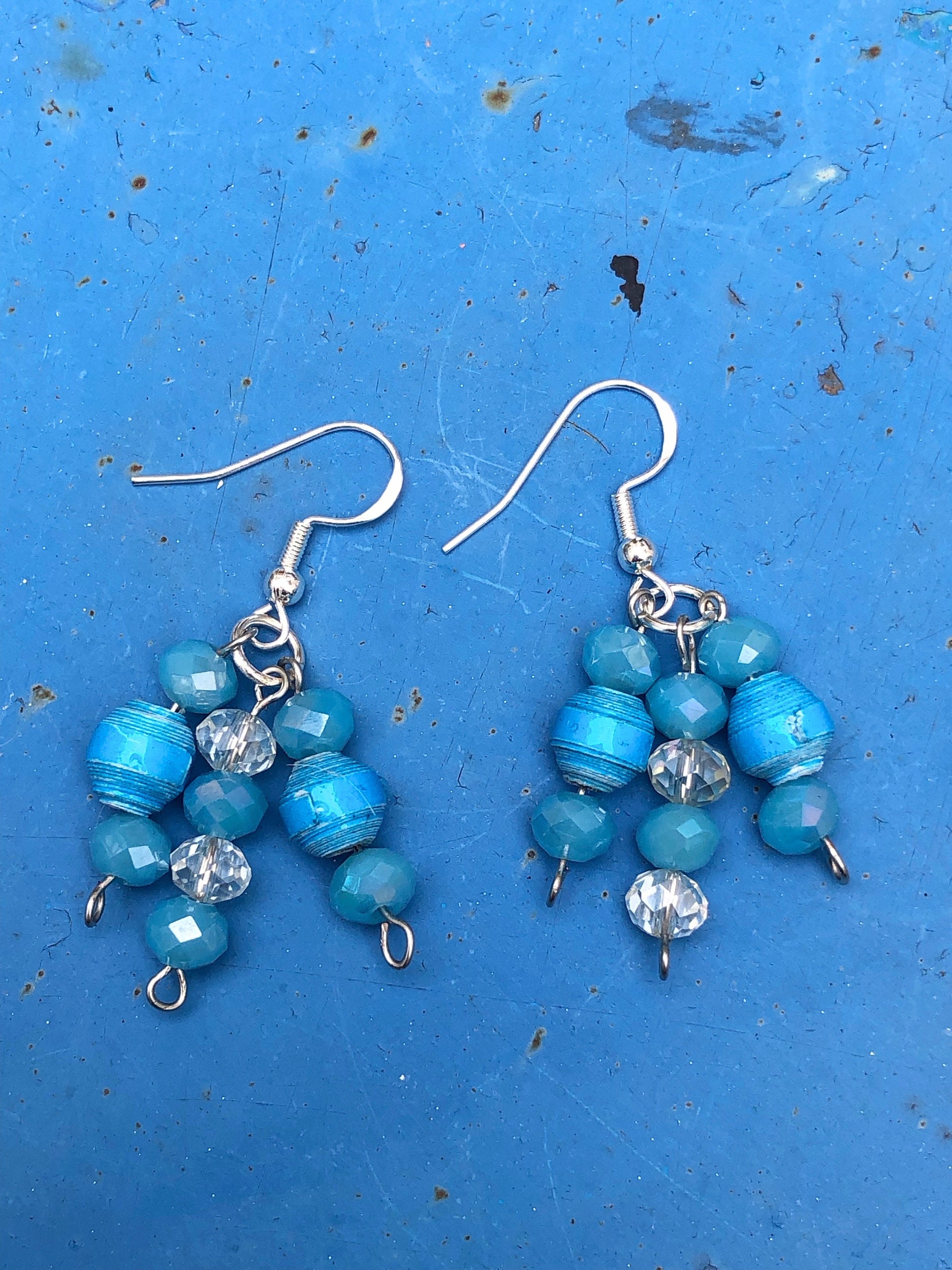 Blue Drop Dangle Earrings Unique Handmade Cluster Paper Bead Earrings Silver Plated Hypoallergenic Hooks Birthday Gift Women Sister Gift