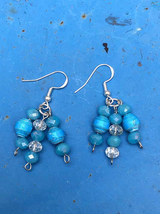 Blue Drop Dangle Earrings Unique Handmade Cluster Paper Bead Earrings Silver Plated Hypoallergenic Hooks Birthday Gift Women Sister Gift