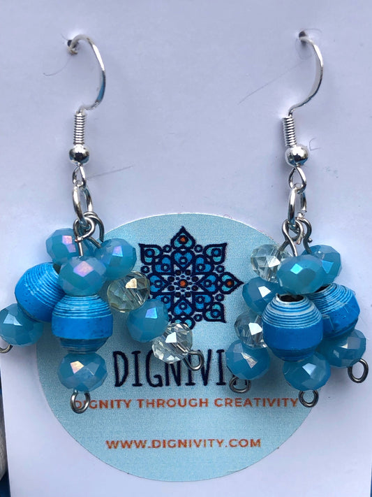 Blue Drop Dangle Earrings Unique Handmade Cluster Paper Bead Earrings Silver Plated Hypoallergenic Hooks Birthday Gift Women Sister Gift