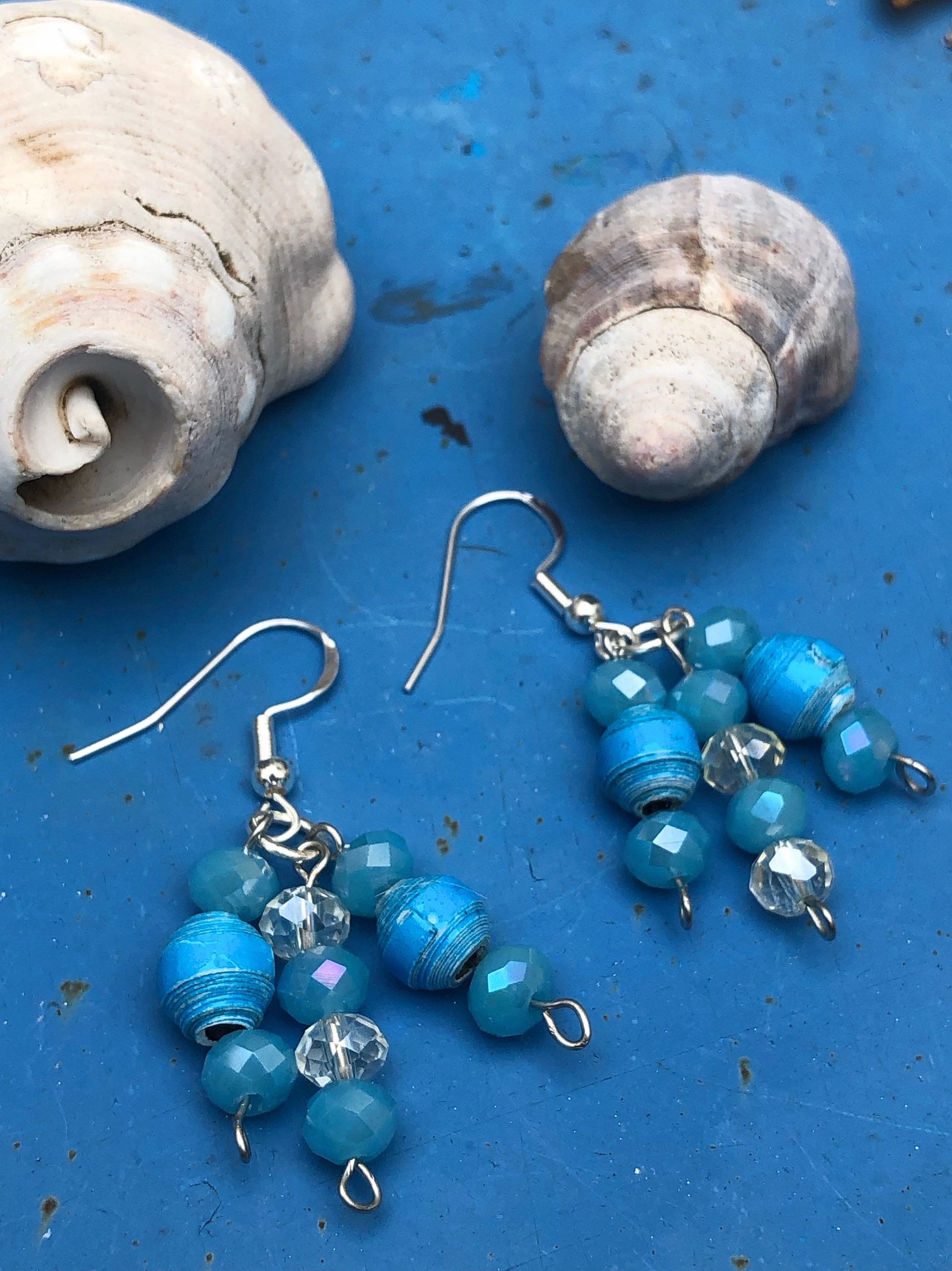 Blue Drop Dangle Earrings Unique Handmade Cluster Paper Bead Earrings Silver Plated Hypoallergenic Hooks Birthday Gift Women Sister Gift