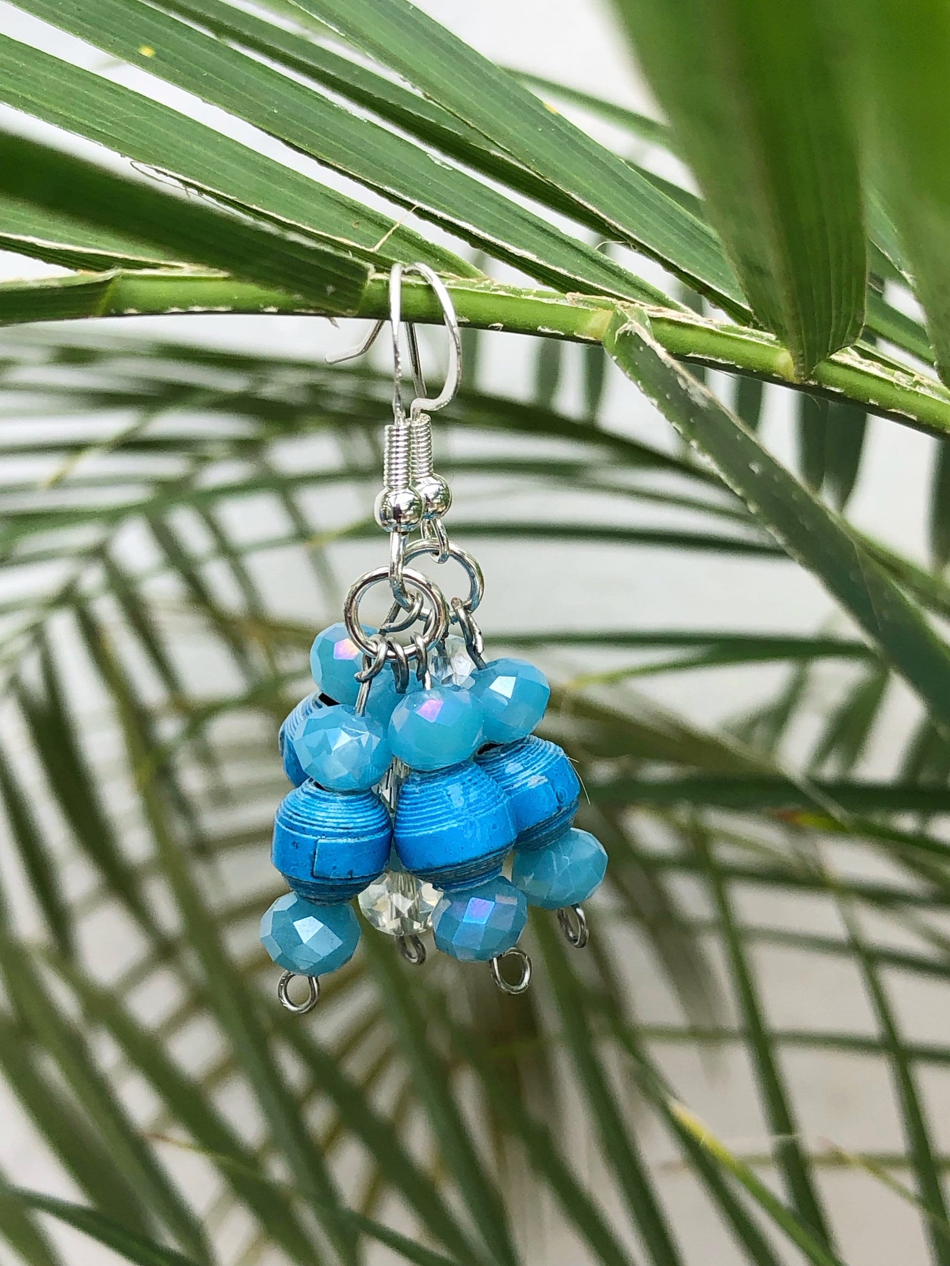Blue Drop Dangle Earrings Unique Handmade Cluster Paper Bead Earrings Silver Plated Hypoallergenic Hooks Birthday Gift Women Sister Gift