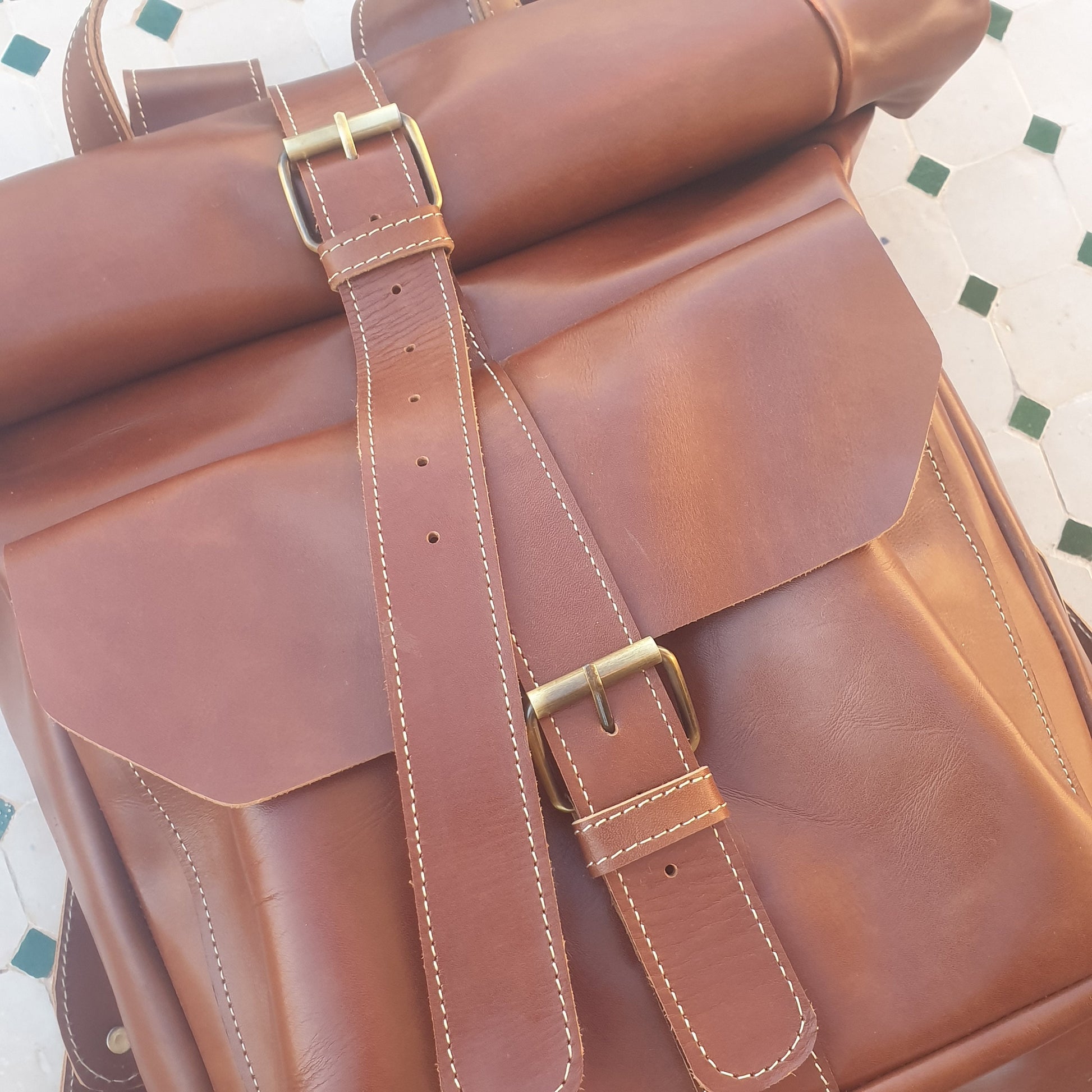Leather Backpack Roll Top Rucksack Travel Bag Laptop Bag Purse Cowhide