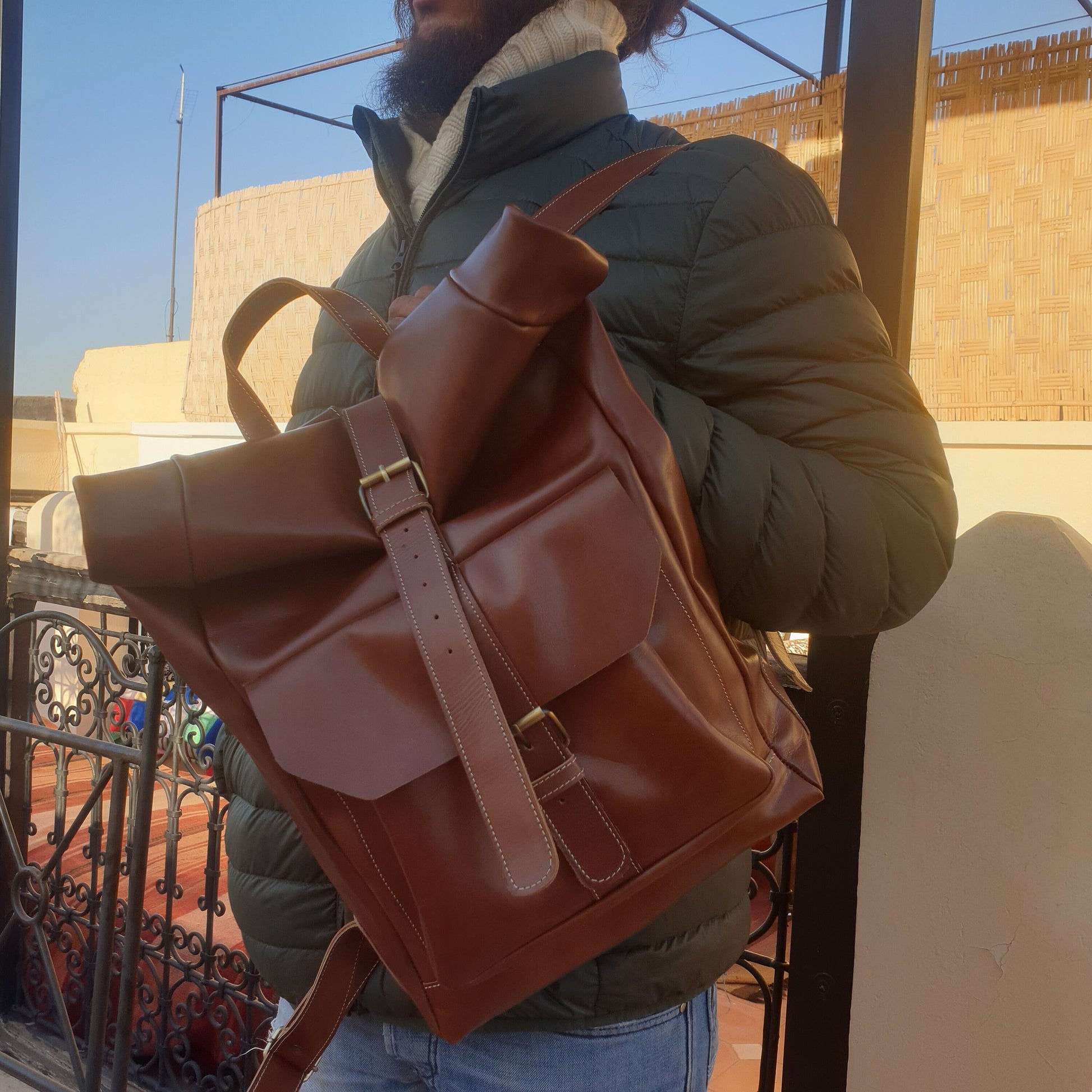 Leather Backpack Roll Top Rucksack Travel Bag Laptop Bag Purse Cowhide