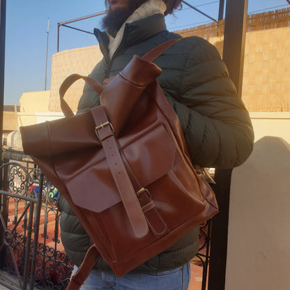 Leather Backpack Roll Top Rucksack Travel Bag Laptop Bag Purse Cowhide