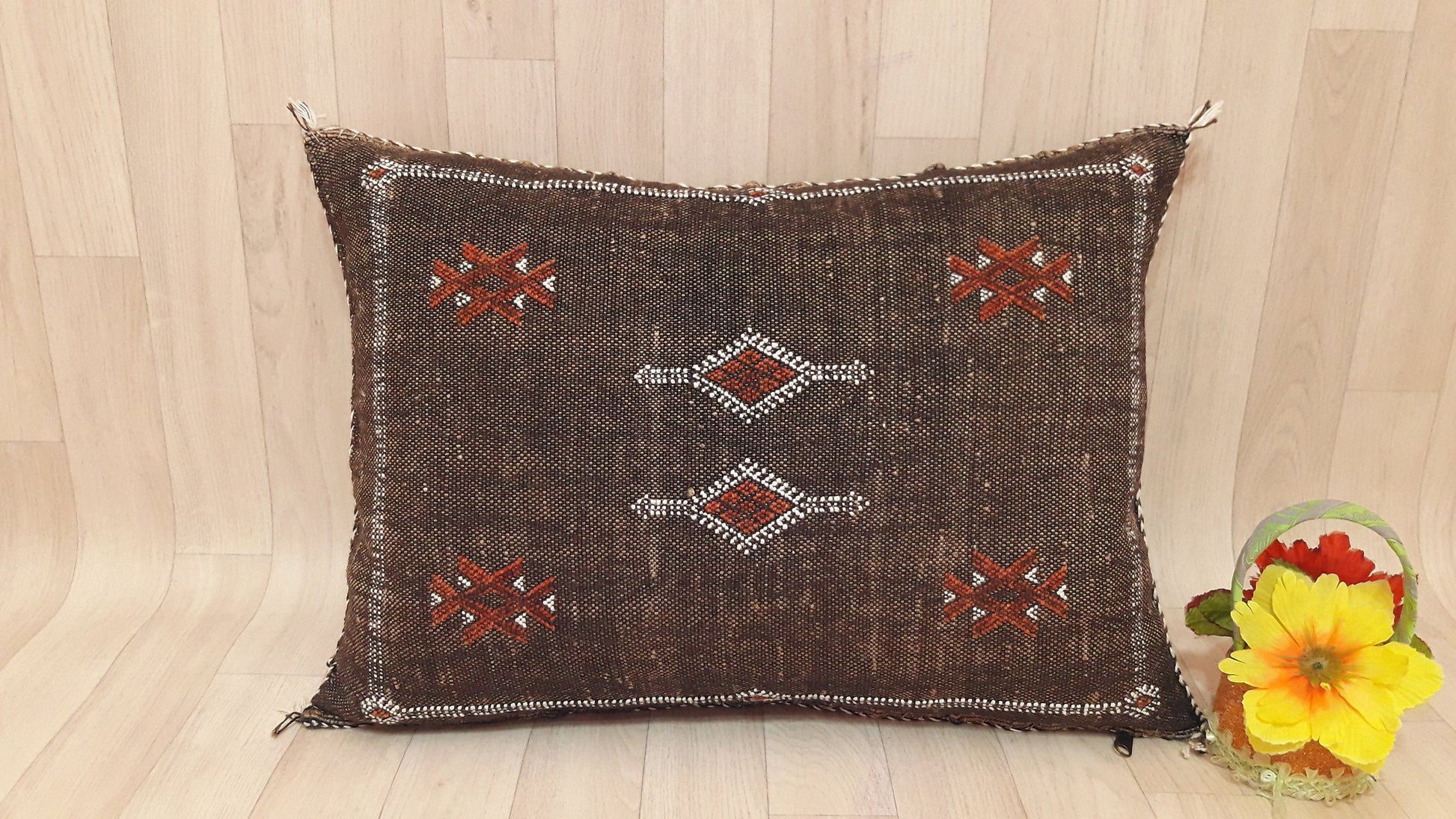 Cactus Silk Cushion Cover - Brown Sabra Pillow - Handmade Morocco Cushion