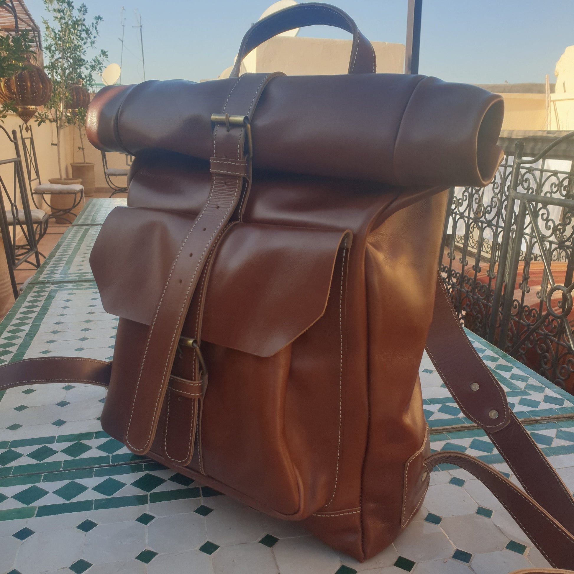 Leather Backpack Roll Top Rucksack Travel Bag Laptop Bag Purse Cowhide