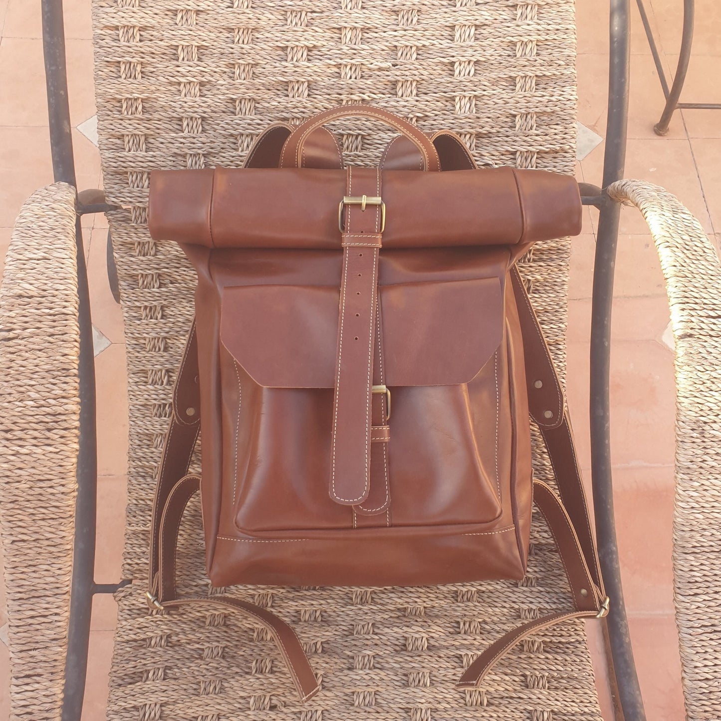 Leather Backpack Roll Top Rucksack Travel Bag Laptop Bag Purse Cowhide