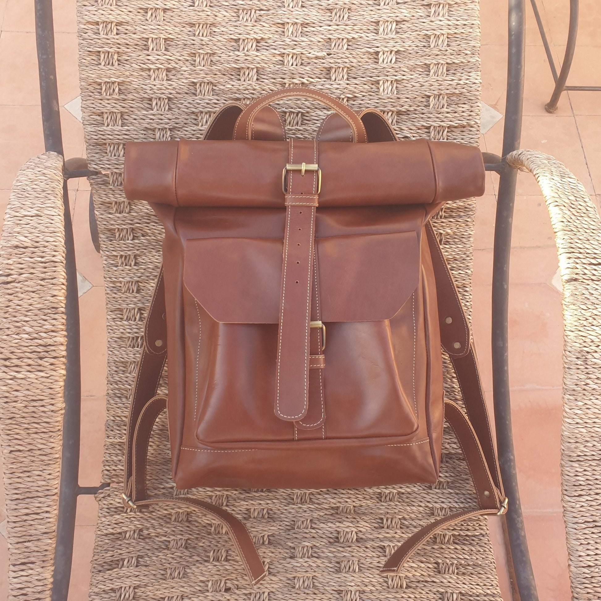 Leather Backpack Roll Top Rucksack Travel Bag Laptop Bag Purse Cowhide