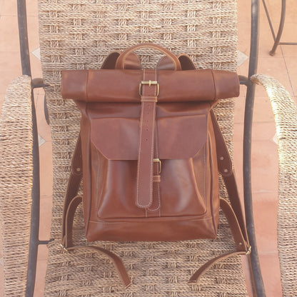 Leather Backpack Roll Top Rucksack Travel Bag Laptop Bag Purse Cowhide