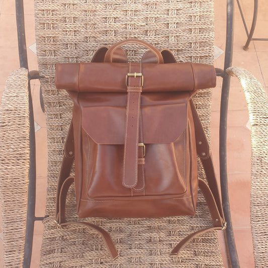 Leather Backpack Roll Top Rucksack Travel Bag Laptop Bag Purse Cowhide
