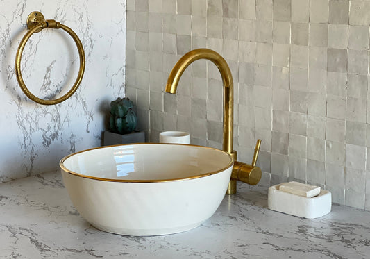 Antique Sink 14K Gold Rim, Set of Vessel Sink, Toothbrush Cup and Soap Dish, 14 Inch Sink Bowl, Ceramic Basin, Free Gift INCLUDED