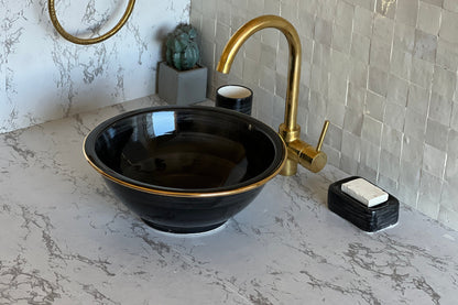 Antique Sink 14K Gold Rim, Set of Vessel Sink, Toothbrush Cup and Soap Dish, 14 Inch Sink Bowl, Ceramic Basin, Free Gift INCLUDED