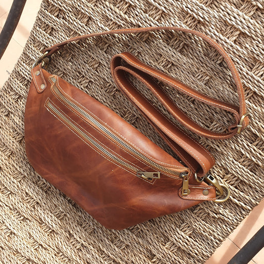 Vintage Brown Leather Fanny Pack Crossbody Women Belt Bag Sling Bag Waist Bag for Men