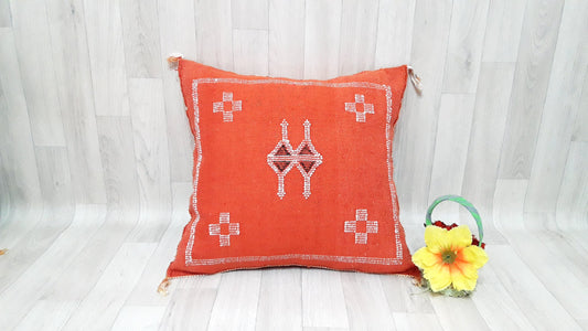 Orange Cactus Silk Pillow, Moroccan Cactus Silk Cushion,Morocco Pillow Handmade Sabra Pillow, Throw Pillow, Decorative Pillow, Home Decor.