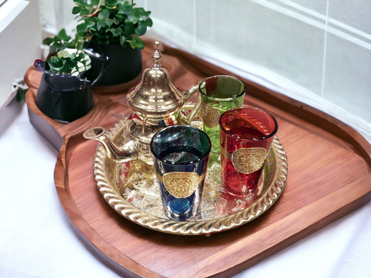 Handmade Moroccan Tea Set, Golden Teapot, Set of 3 Tea Cups, Tea Tray