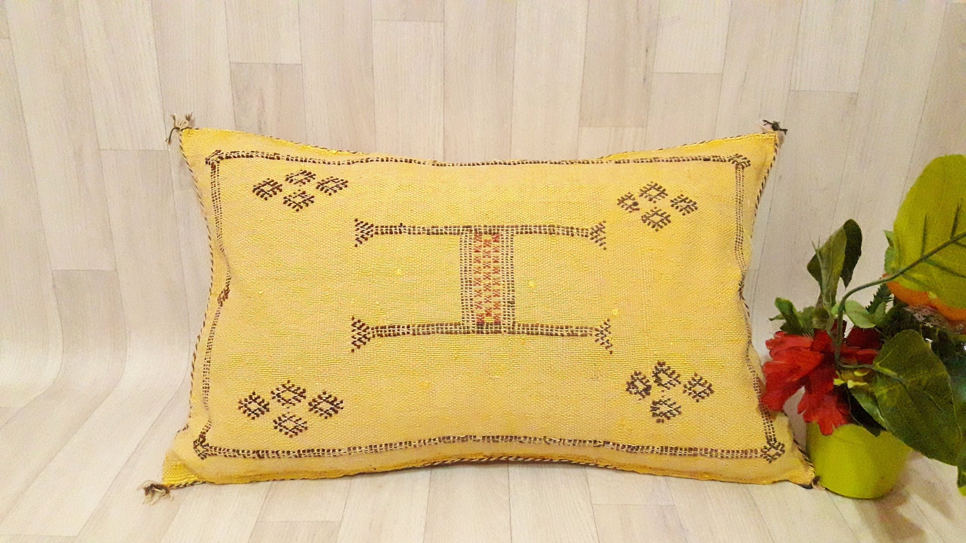 Cactus Silk Cushion Cover - Yellow Sabra Pillow - Handmade Morocco Cushion