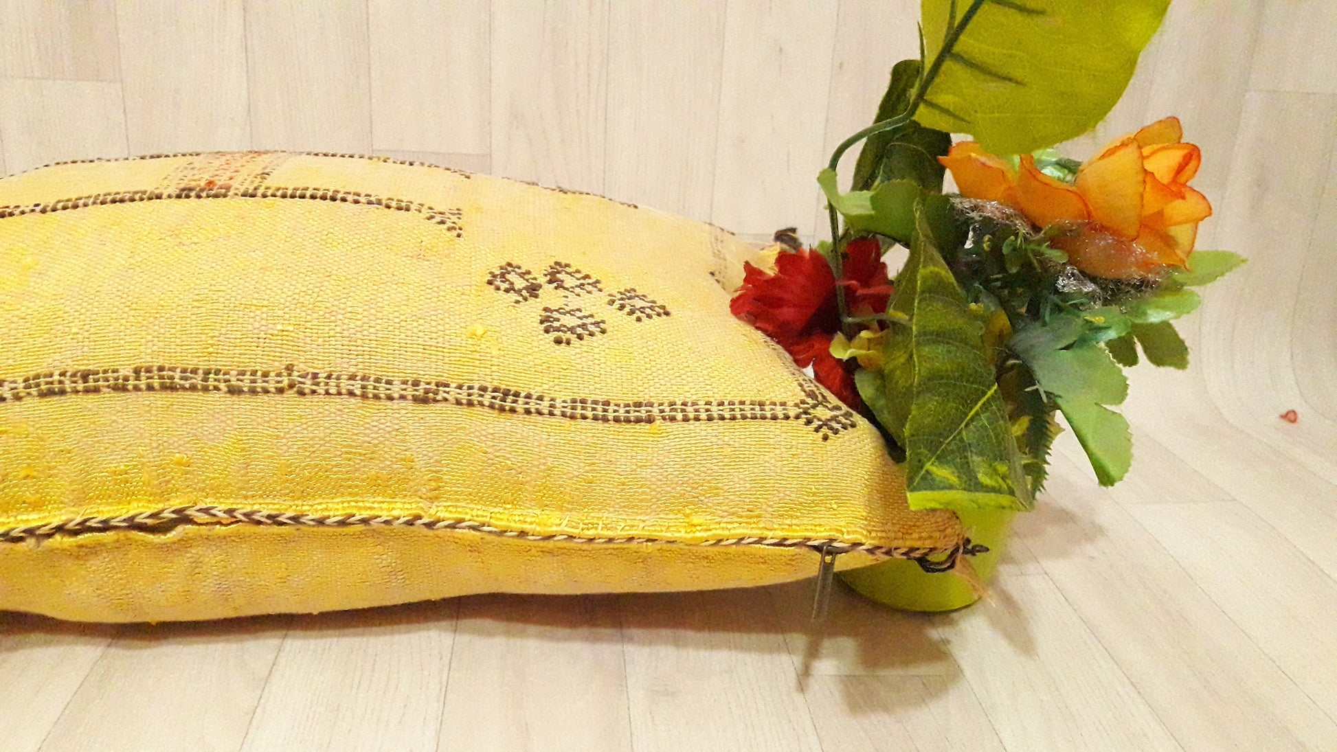 Cactus Silk Cushion Cover - Yellow Sabra Pillow - Handmade Morocco Cushion