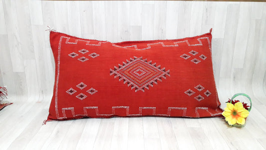 Lumbar Cactus Silk Cushion Cover - Orange/Red Sabra Pillow - Handmade Morocco Cushion