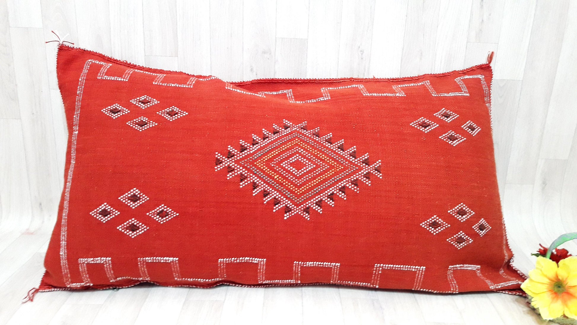 Lumbar Cactus Silk Cushion Cover - Orange/Red Sabra Pillow - Handmade Morocco Cushion