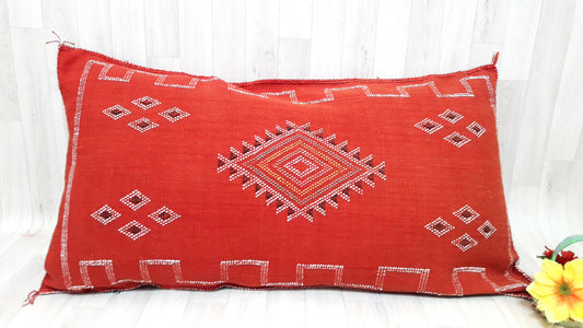 Lumbar Cactus Silk Cushion Cover - Orange/Red Sabra Pillow - Handmade Morocco Cushion
