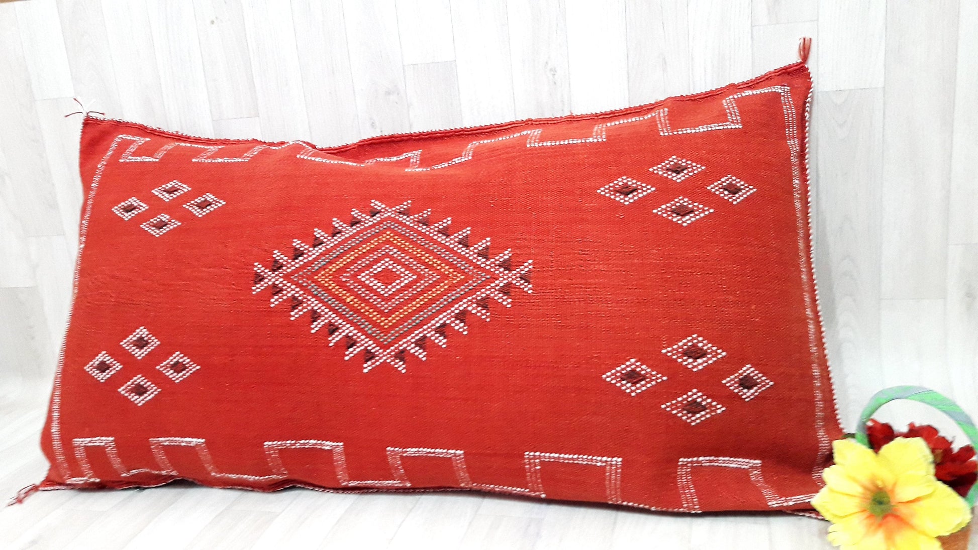 Lumbar Cactus Silk Cushion Cover - Orange/Red Sabra Pillow - Handmade Morocco Cushion