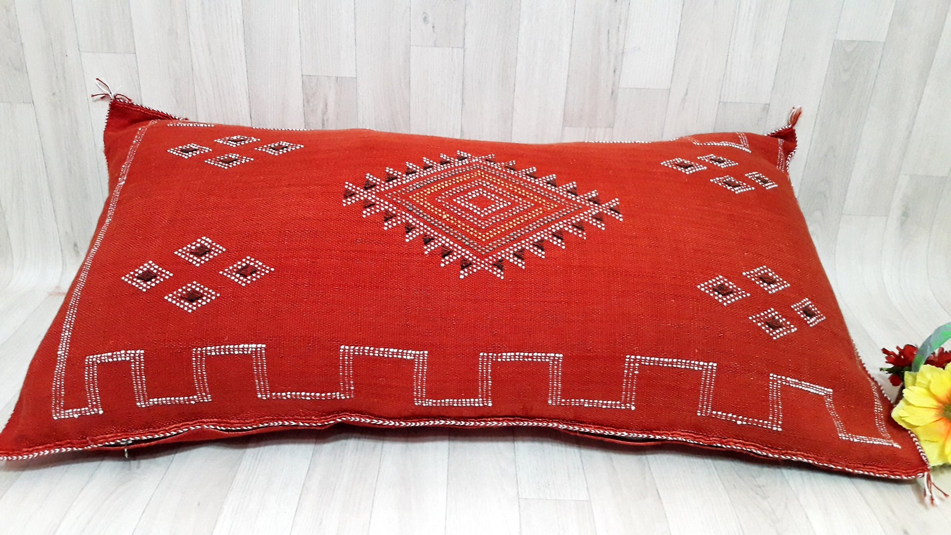 Lumbar Cactus Silk Cushion Cover - Orange/Red Sabra Pillow - Handmade Morocco Cushion