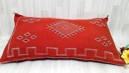 Lumbar Cactus Silk Cushion Cover - Orange/Red Sabra Pillow - Handmade Morocco Cushion